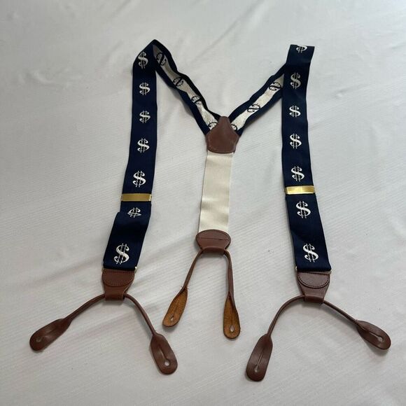 Dooney & Bourke VTG Navy Embroidered Dollar Sign Money Leather Tab Suspenders - Picture 1 of 7